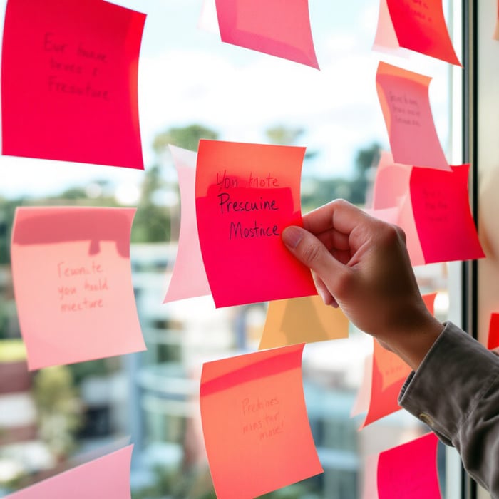 An image of red sticky notes on a window during a facilitated group exercise